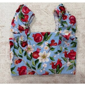 Cake FOR DINNER Pomegranate Floral Ruffle Crop Top Blue XXS Smocked Back Zipper